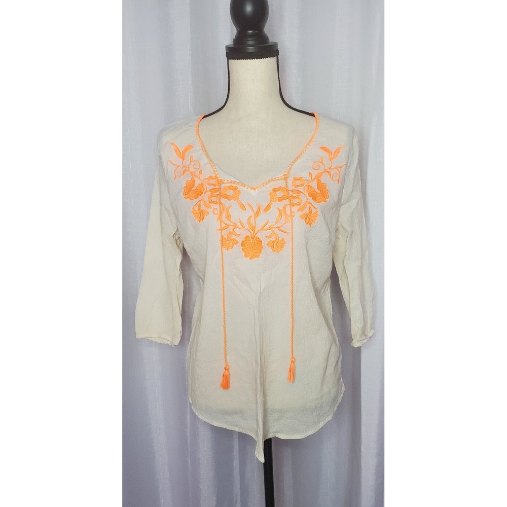 MAURICES Womens Peasant Top Size 0 XS Cream Orange Embroidered 3/4 Sleeve A8